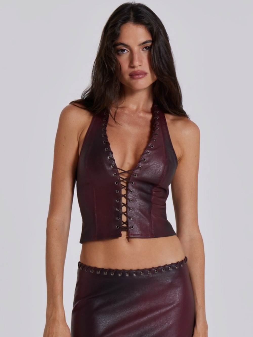 Jaded London Vaca Whipstitch Faux Leather Halter Corset Top In Burgundy Sz 0
